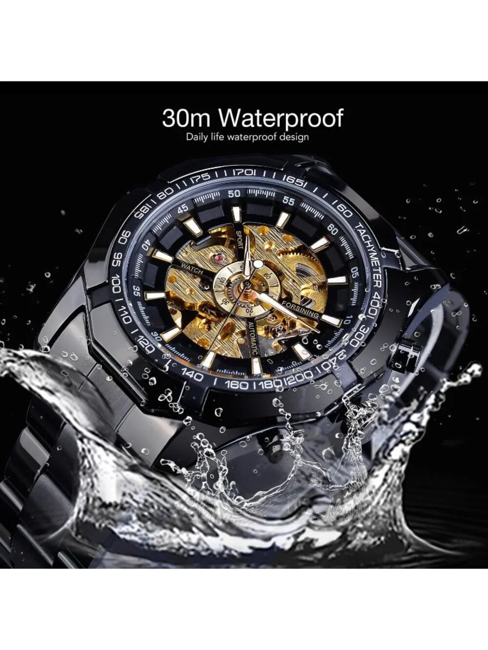 Men's Black Gold Self-Wind Skeleton Hollow Out Mechanical Automatic Luxury Watch
